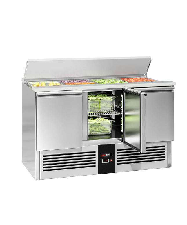 GGM Gastro Commercial Saladette Counter PREMIUM - 1368mm - 368L - 3 doors - for 4 x GN 1/1 & stainless steel hinged lid