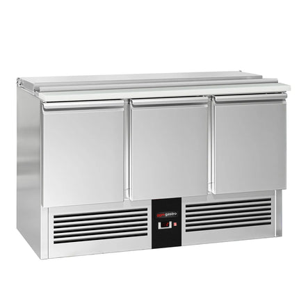 GGM Gastro Commercial Saladette Counter PREMIUM - 1368mm - 368L - 3 doors - for 4 x GN 1/1 & stainless steel hinged lid