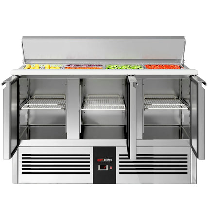 GGM Gastro Commercial Saladette Counter PREMIUM - 1368mm - 368L - 3 doors - for 4 x GN 1/1 & stainless steel hinged lid
