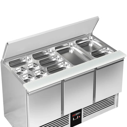 GGM Gastro Commercial Saladette Counter PREMIUM - 1368mm - 368L - 3 doors - open top for 4 x GN 1/1 & stainless steel hinged lid - UK