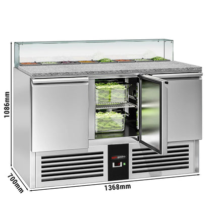 GGM Gastro Commercial Saladette Counter PREMIUM - 1368mm - 368L - 3 doors - with square glass canopy for 8 x GN 1/6