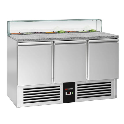 GGM Gastro Commercial Saladette Counter PREMIUM - 1368mm - 368L - 3 doors - with square glass canopy for 8 x GN 1/6