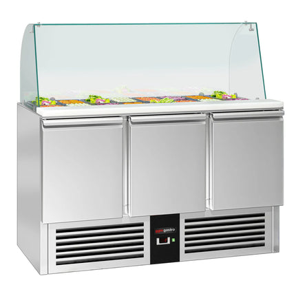 GGM Gastro Commercial Saladette Counter PREMIUM - 1368mm - 368L - 3 doors - with glass canopy for 4 x GN 1/1