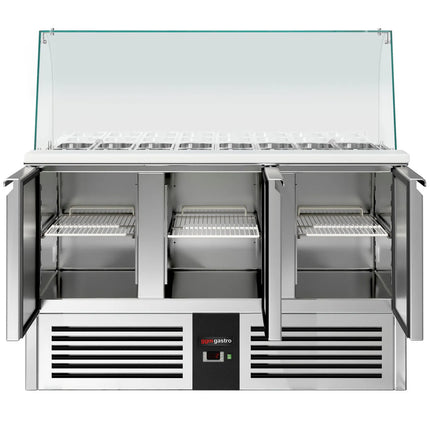 GGM Gastro Commercial Saladette Counter PREMIUM - 1368mm - 368L - 3 doors - with glass canopy for 4 x GN 1/1