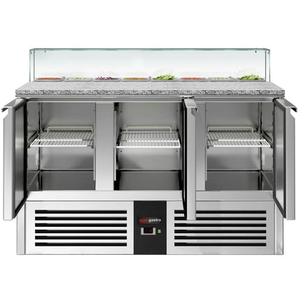 GGM Gastro Commercial Saladette Counter PREMIUM - 1368mm - 368L - 3 doors - with square glass canopy for 8 x GN 1/6