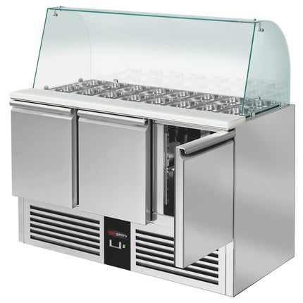 GGM Gastro Commercial Saladette Counter PREMIUM - 1368mm - 368L - 3 doors - with glass canopy for 4 x GN 1/1