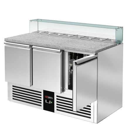 GGM Gastro Commercial Saladette Counter PREMIUM - 1368mm - 368L - 3 doors - with square glass canopy for 8 x GN 1/6