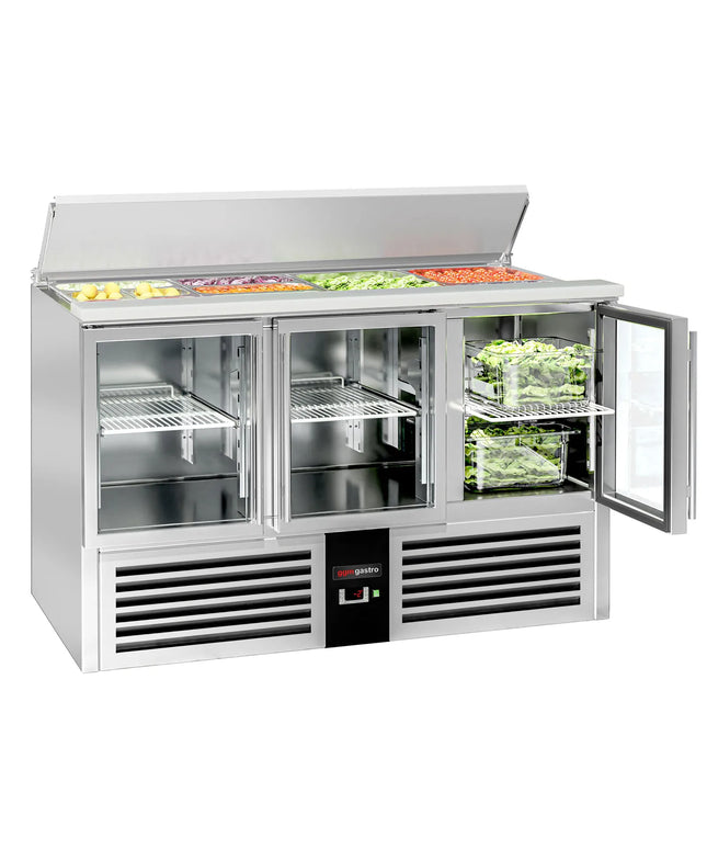 GGM Gastro Commercial Saladette Counter PREMIUM - 1368mm - 368L - 3 glass doors - open top for 4 x GN 1/1 & stainless steel retractable lid