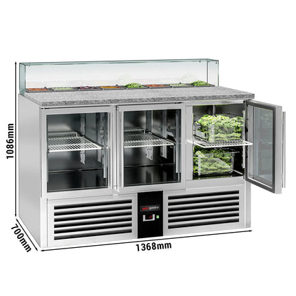 GGM Gastro Commercial Saladette Counter PREMIUM - 1368mm - 368L - 3 glass doors - with square glass canopy for 8 x GN 1/6