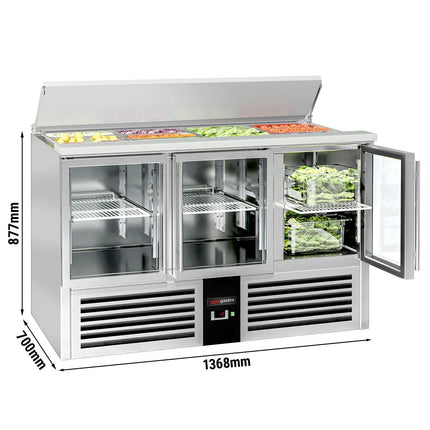 GGM Gastro Commercial Saladette Counter PREMIUM - 1368mm - 368L - 3 glass doors - open top for 4 x GN 1/1 & stainless steel retractable lid