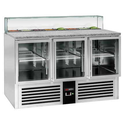 GGM Gastro Commercial Saladette Counter PREMIUM - 1368mm - 368L - 3 glass doors - with square glass canopy for 8 x GN 1/6