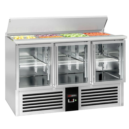 GGM Gastro Commercial Saladette Counter PREMIUM - 1368mm - 368L - 3 glass doors - open top for 4 x GN 1/1 & stainless steel retractable lid