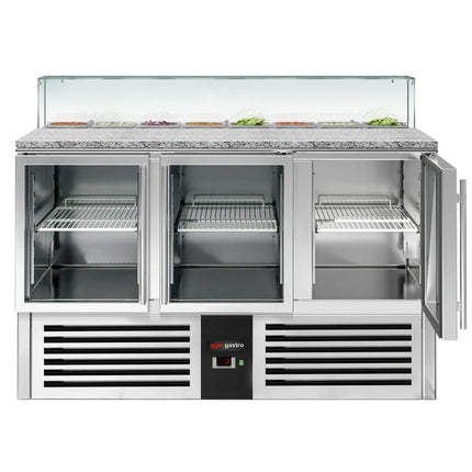 GGM Gastro Commercial Saladette Counter PREMIUM - 1368mm - 368L - 3 glass doors - with square glass canopy for 8 x GN 1/6