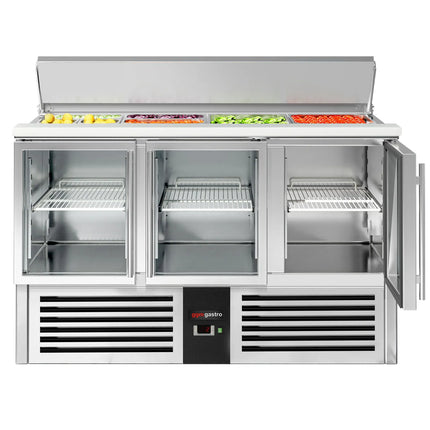 GGM Gastro Commercial Saladette Counter PREMIUM - 1368mm - 368L - 3 glass doors - open top for 4 x GN 1/1 & stainless steel retractable lid