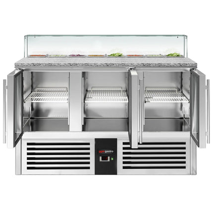 GGM Gastro Commercial Saladette Counter PREMIUM - 1368mm - 368L - 3 glass doors - with square glass canopy for 8 x GN 1/6