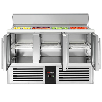 GGM Gastro Commercial Saladette Counter PREMIUM - 1368mm - 368L - 3 glass doors - open top for 4 x GN 1/1 & stainless steel retractable lid