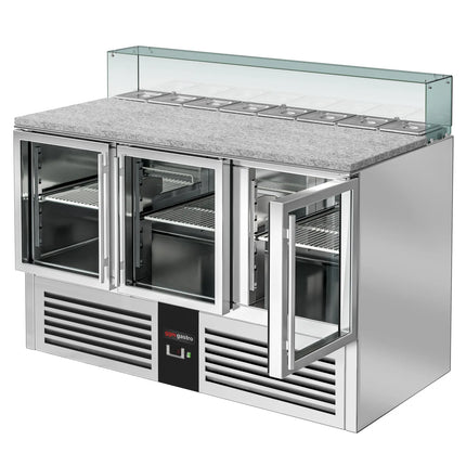 GGM Gastro Commercial Saladette Counter PREMIUM - 1368mm - 368L - 3 glass doors - with square glass canopy for 8 x GN 1/6