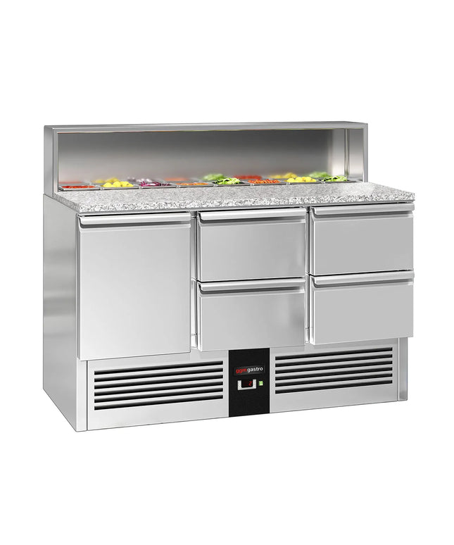 GGM Gastro Commercial Saladette Counter PREMIUM - 1368mm - 402L - 1 door & 4 drawers - open top for 8 x GN 1/6 & stainless steel hinged lid