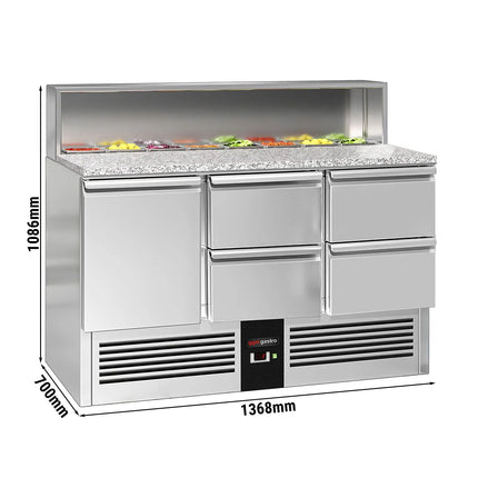 GGM Gastro Commercial Saladette Counter PREMIUM - 1368mm - 402L - 1 door & 4 drawers - open top for 8 x GN 1/6 & stainless steel hinged lid