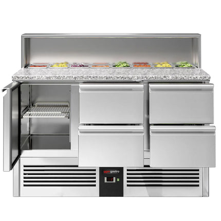 GGM Gastro Commercial Saladette Counter PREMIUM - 1368mm - 402L - 1 door & 4 drawers - open top for 8 x GN 1/6 & stainless steel hinged lid