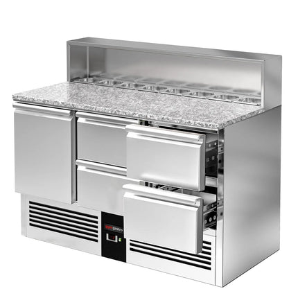 GGM Gastro Commercial Saladette Counter PREMIUM - 1368mm - 402L - 1 door & 4 drawers - open top for 8 x GN 1/6 & stainless steel hinged lid