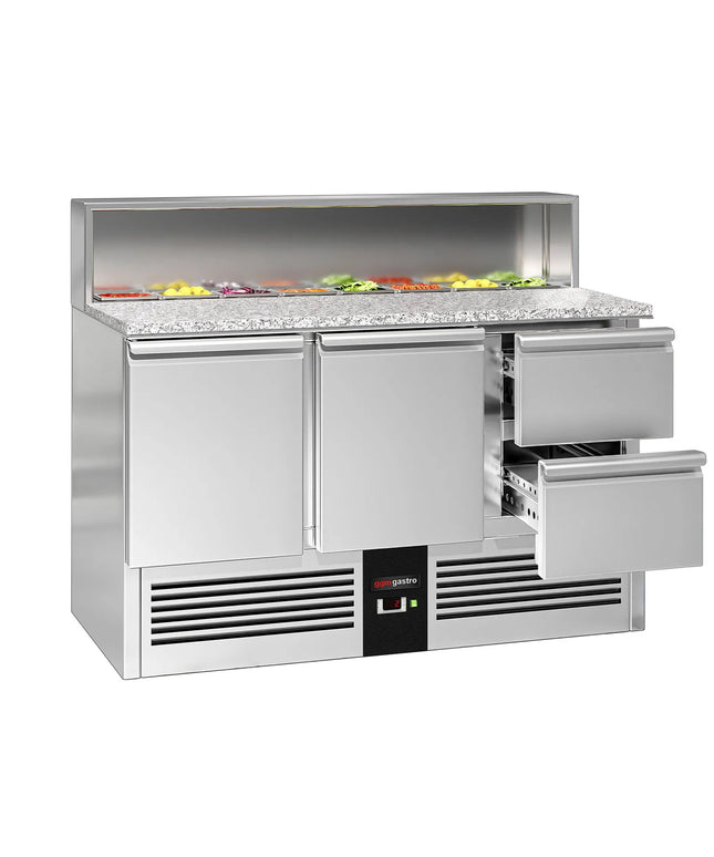 GGM Gastro Commercial Saladette Counter PREMIUM - 1368mm - 402L - 2 doors & 2 drawers - with stainless steel hinged lid for 8 x GN 1/6