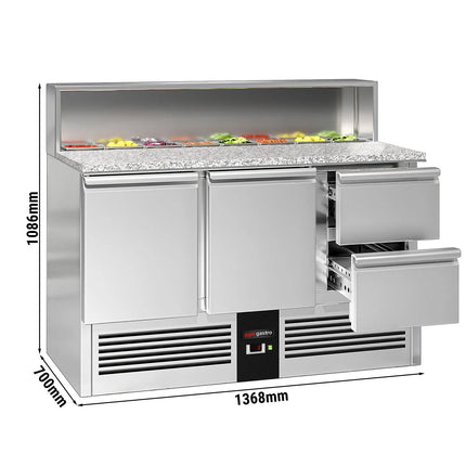 GGM Gastro Commercial Saladette Counter PREMIUM - 1368mm - 402L - 2 doors & 2 drawers - with stainless steel hinged lid for 8 x GN 1/6