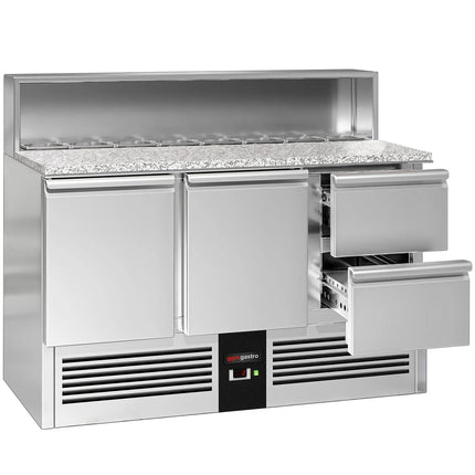 GGM Gastro Commercial Saladette Counter PREMIUM - 1368mm - 402L - 2 doors & 2 drawers - with stainless steel hinged lid for 8 x GN 1/6