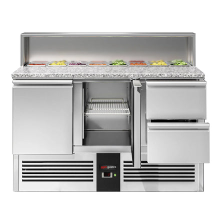 GGM Gastro Commercial Saladette Counter PREMIUM - 1368mm - 402L - 2 doors & 2 drawers - with stainless steel hinged lid for 8 x GN 1/6