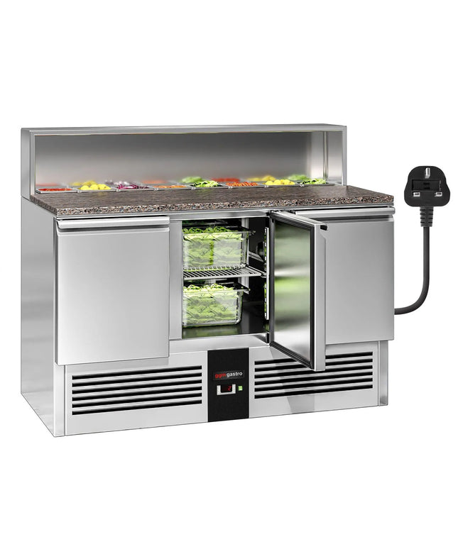 GGM Gastro Commercial Saladette Counter PREMIUM - 1368mm - 402L - 3 doors - open top for 8 x GN 1/6 & stainless steel hinged lid - UK