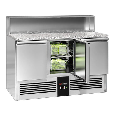 GGM Gastro Commercial Saladette Counter PREMIUM - 1368mm - 402L - 3 doors - open top for 8 x GN 1/6 & stainless steel hinged lid - UK
