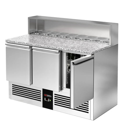 GGM Gastro Commercial Saladette Counter PREMIUM - 1368mm - 402L - 3 doors - open top for 8 x GN 1/6 & stainless steel hinged lid - UK
