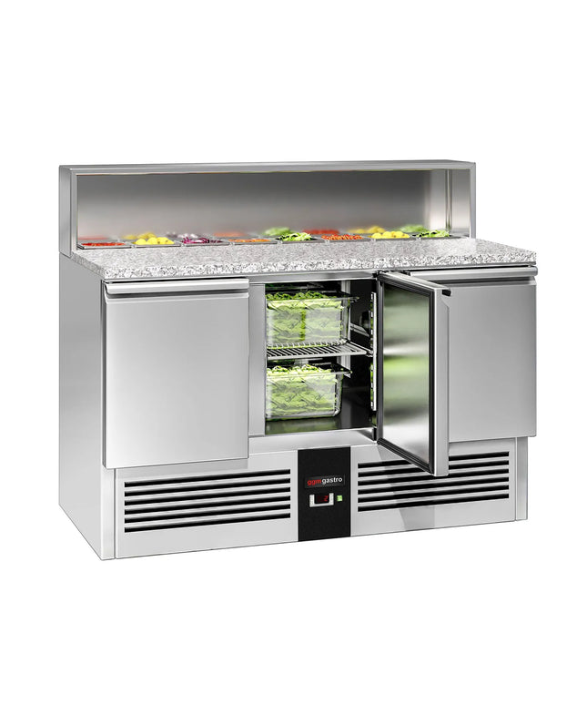 GGM Gastro Commercial Saladette Counter PREMIUM - 1368mm - 402L - 3 doors - with glass canopy for 8 x GN 1/6 & stainless steel hinged lid