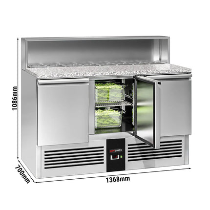 GGM Gastro Commercial Saladette Counter PREMIUM - 1368mm - 402L - 3 doors - with glass canopy for 8 x GN 1/6 & stainless steel hinged lid