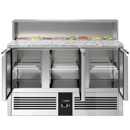GGM Gastro Commercial Saladette Counter PREMIUM - 1368mm - 402L - 3 doors - with glass canopy for 8 x GN 1/6 & stainless steel hinged lid
