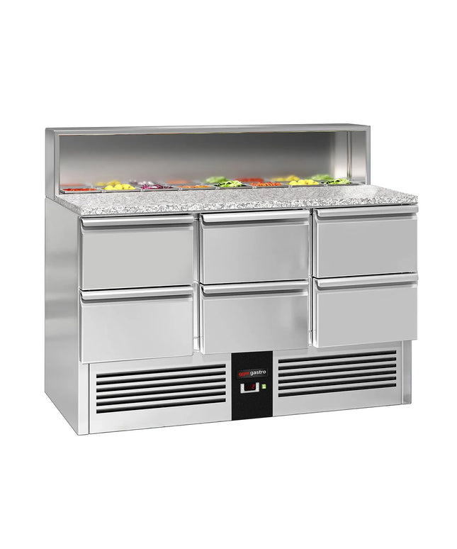 GGM Gastro Commercial Saladette Counter PREMIUM - 1368mm - 402L - 6 drawers - open top for 8 x GN 1/6 & stainless steel hinged lid