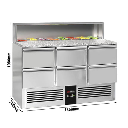 GGM Gastro Commercial Saladette Counter PREMIUM - 1368mm - 402L - 6 drawers - open top for 8 x GN 1/6 & stainless steel hinged lid