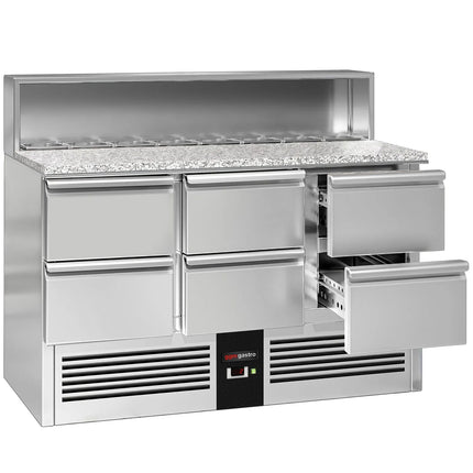 GGM Gastro Commercial Saladette Counter PREMIUM - 1368mm - 402L - 6 drawers - open top for 8 x GN 1/6 & stainless steel hinged lid