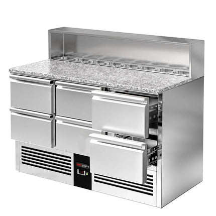GGM Gastro Commercial Saladette Counter PREMIUM - 1368mm - 402L - 6 drawers - open top for 8 x GN 1/6 & stainless steel hinged lid