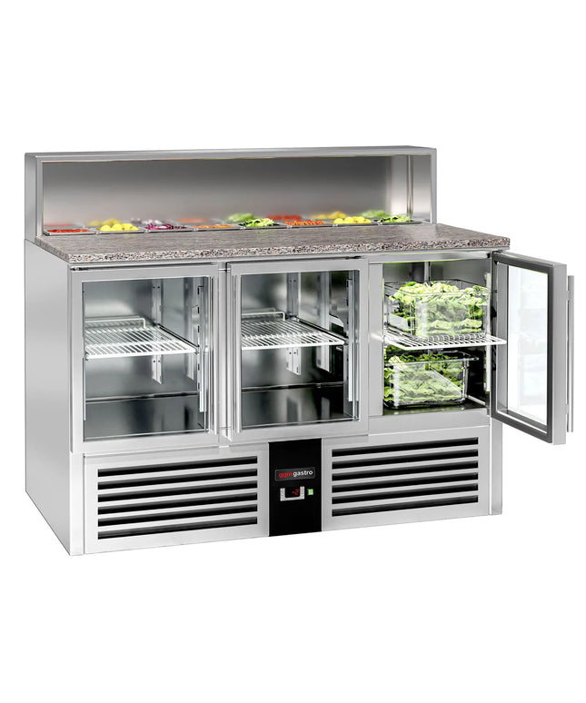 GGM Gastro Commercial Saladette Counter PREMIUM - 1368mm - 402L - Black Front - 3 glass doors - open top for 7 x GN 1/6 - black granite worktop