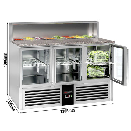 GGM Gastro Commercial Saladette Counter PREMIUM - 1368mm - 402L - Black Front - 3 glass doors - open top for 7 x GN 1/6 - black granite worktop