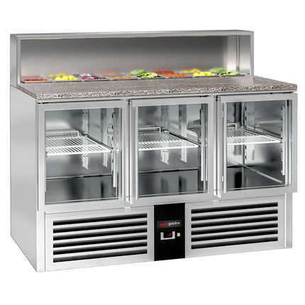 GGM Gastro Commercial Saladette Counter PREMIUM - 1368mm - 402L - Black Front - 3 glass doors - open top for 7 x GN 1/6 - black granite worktop