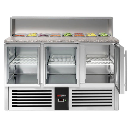 GGM Gastro Commercial Saladette Counter PREMIUM - 1368mm - 402L - Black Front - 3 glass doors - open top for 7 x GN 1/6 - black granite worktop