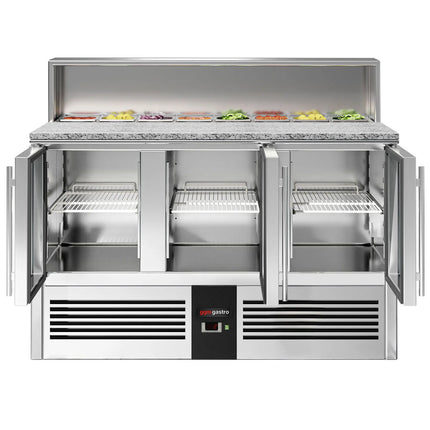 GGM Gastro Commercial Saladette Counter PREMIUM - 1368mm - 402L - Black Front - 3 glass doors - open top for 7 x GN 1/6 - black granite worktop