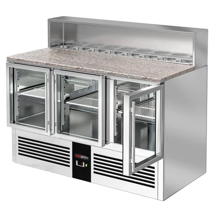 GGM Gastro Commercial Saladette Counter PREMIUM - 1368mm - 402L - Black Front - 3 glass doors - open top for 7 x GN 1/6 - black granite worktop