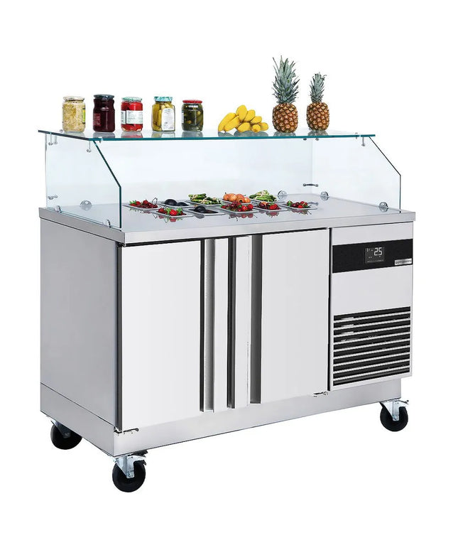 GGM Gastro Commercial Saladette Counter PREMIUM - 1400mm - 2 doors - with square glass canopy for 6 x GN 1/6