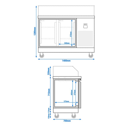 GGM Gastro Commercial Saladette Counter PREMIUM - 1400mm - 2 doors - with square glass canopy for 6 x GN 1/6