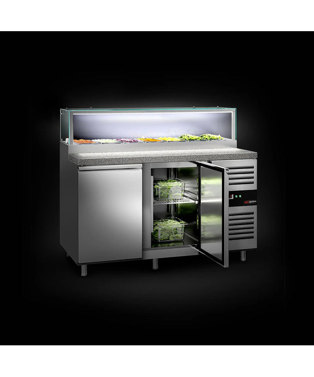 GGM Gastro Commercial Saladette Counter PREMIUM - 1510mm - 390L - 2 doors - with glass canopy for 7 x GN 1/3 & 1 shelf