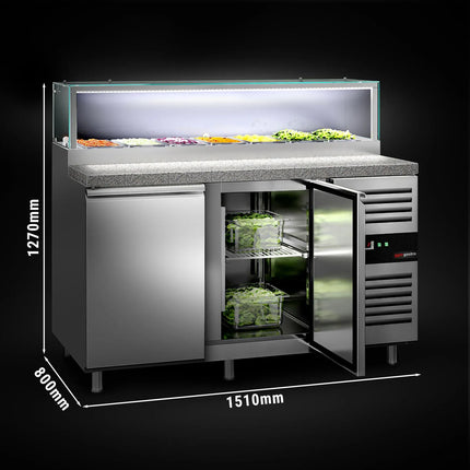 GGM Gastro Commercial Saladette Counter PREMIUM - 1510mm - 390L - 2 doors - with glass canopy for 7 x GN 1/3 & 1 shelf