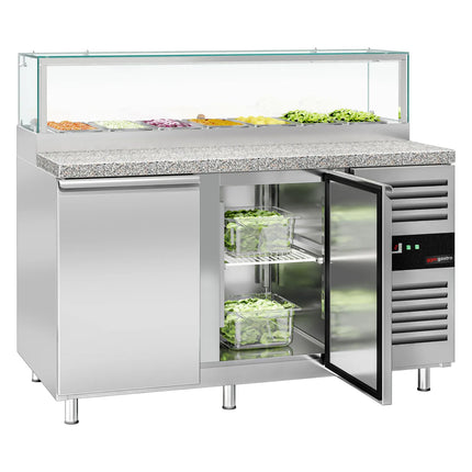 GGM Gastro Commercial Saladette Counter PREMIUM - 1510mm - 390L - 2 doors - with glass canopy for 7 x GN 1/3 & 1 shelf